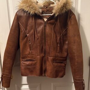 Guess Women's Brown Leather Jacket with Faux Fur Hood